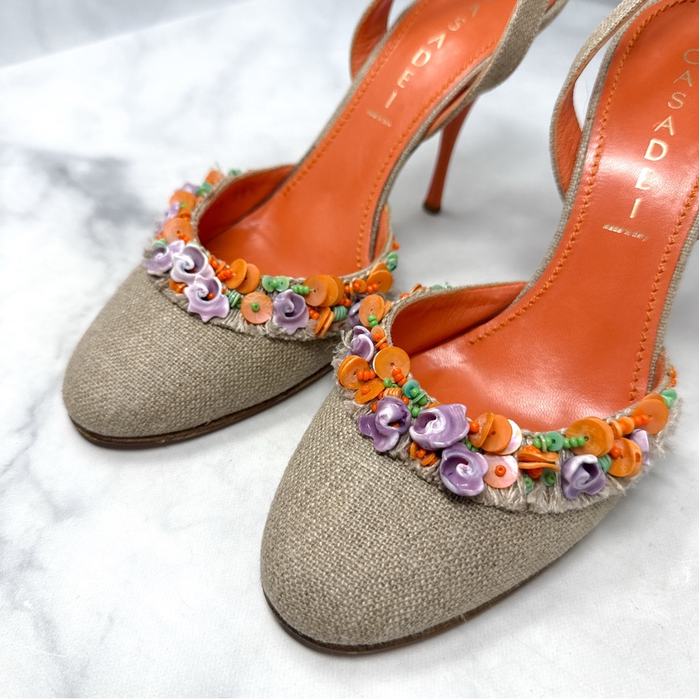 CASADEI Vintage Y2K Shell Beaded Burlap Canvas Leather Slingback Heels 2000s 8.5 - Picture 5 of 16